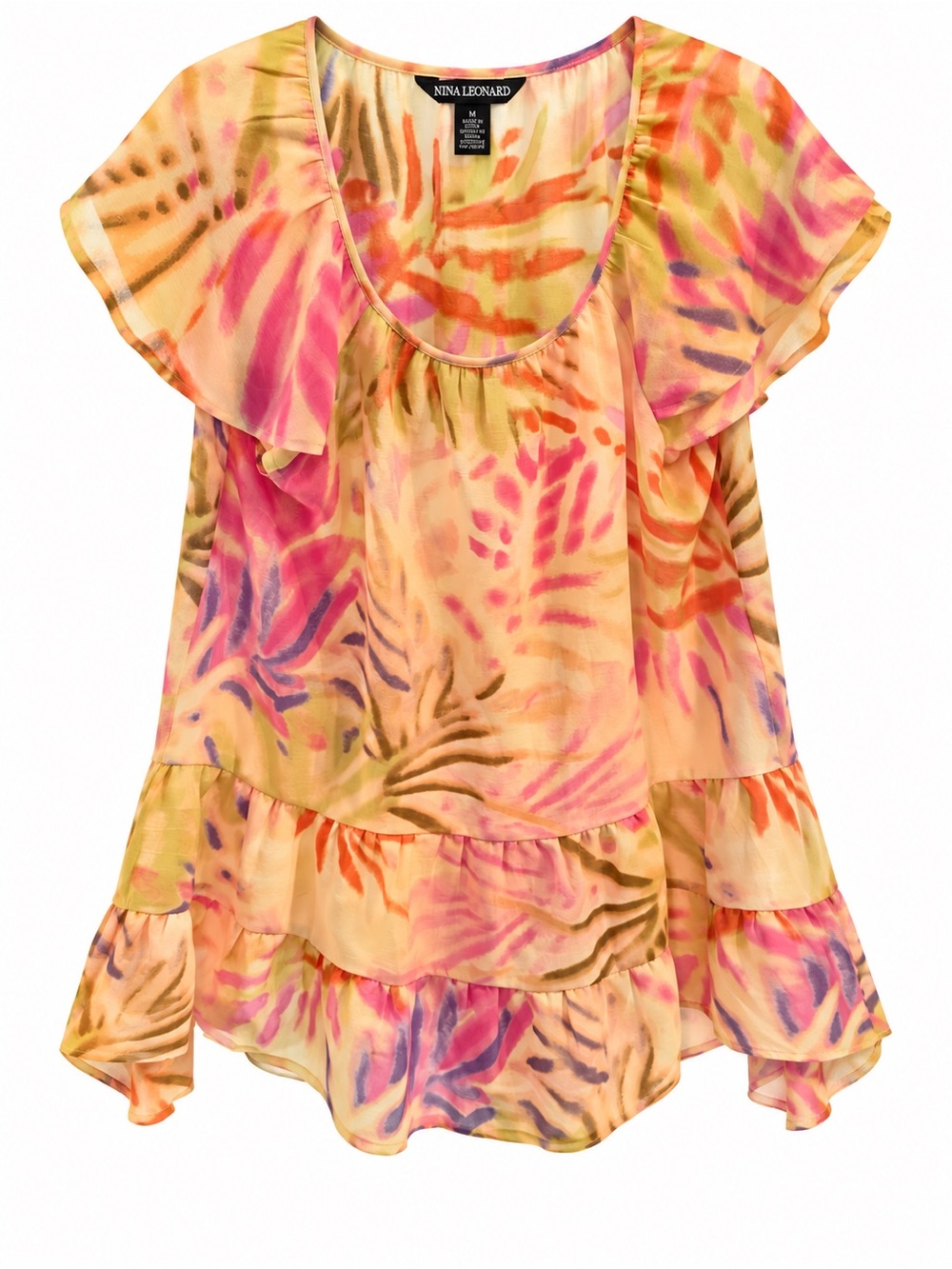 Nina Leonard Medium Tropical Print Layered Ruffle Tunic Blouse - Picture 3 of 4
